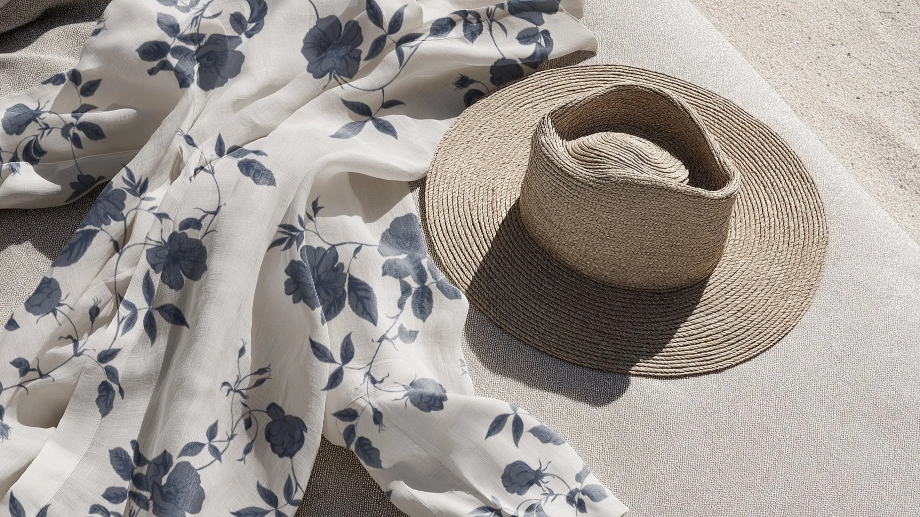 A wide-brimmed straw sun hat and a white fabric with blue floral print, both placed on a light-colored surface in sunlight.