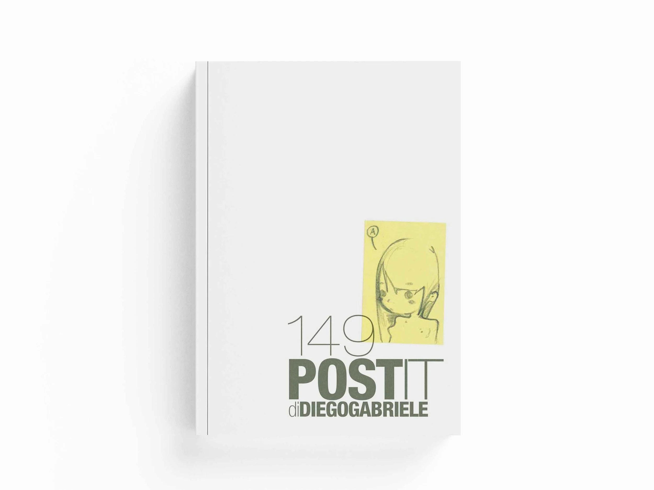 A white poster with black and gray text that reads, 'POSTER di DIOGABRIELE,' with a small yellow sticky note featuring a sketch of a girl with cat ears and glasses, and the number 149.