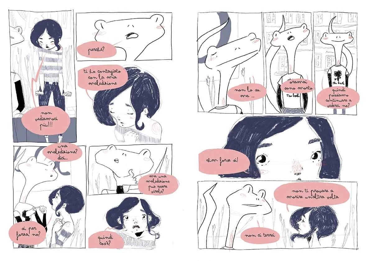 A black-and-white comic strip with pink speech bubbles features two young women and two anthropomorphic dinosaur characters having a conversation about a curse and a deadly prophecy.