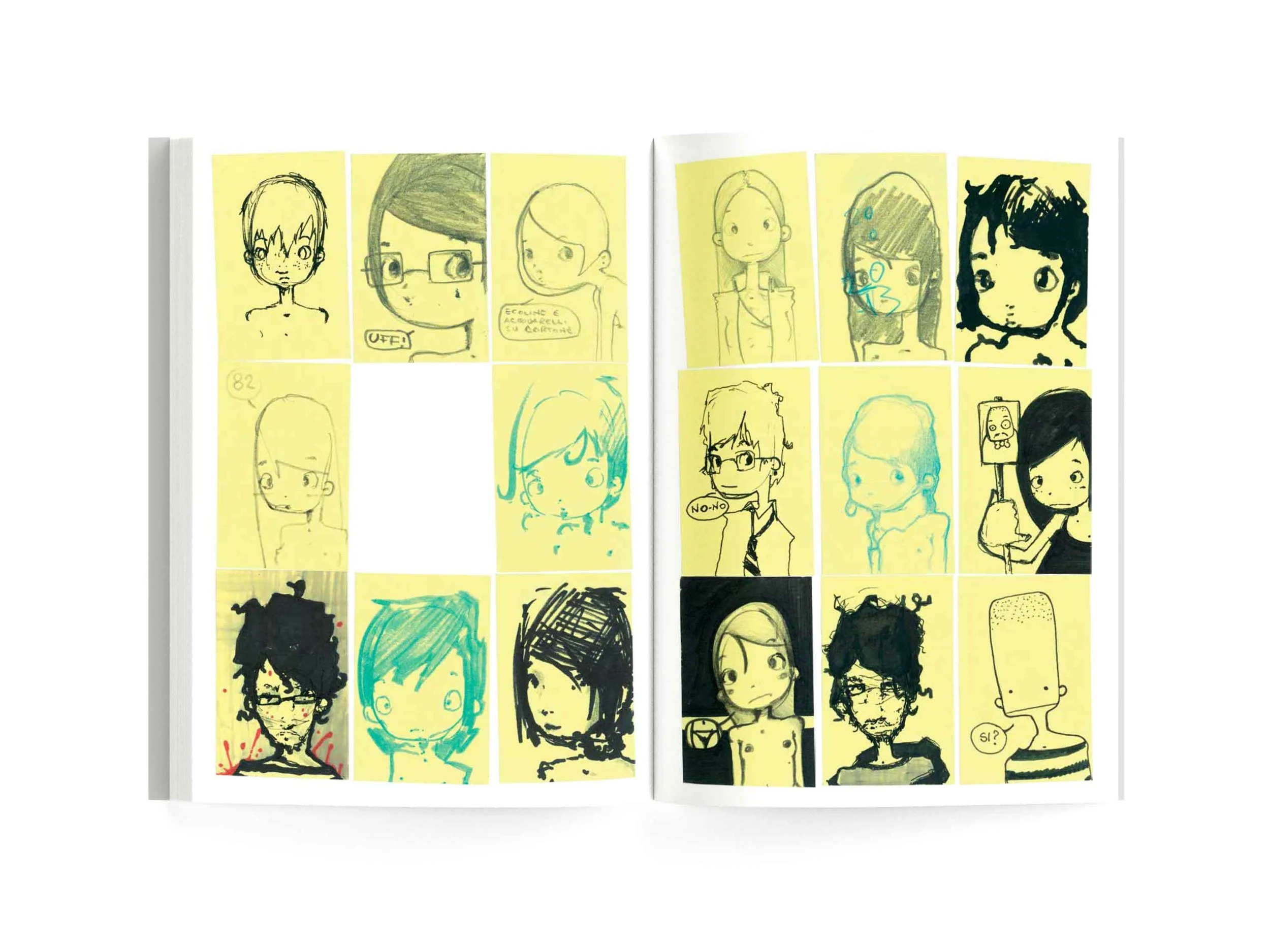 Open sketchbook with multiple hand-drawn cartoon-style portraits of children and teenagers on yellow sticky notes and paper, showing diverse hairstyles and expressions.