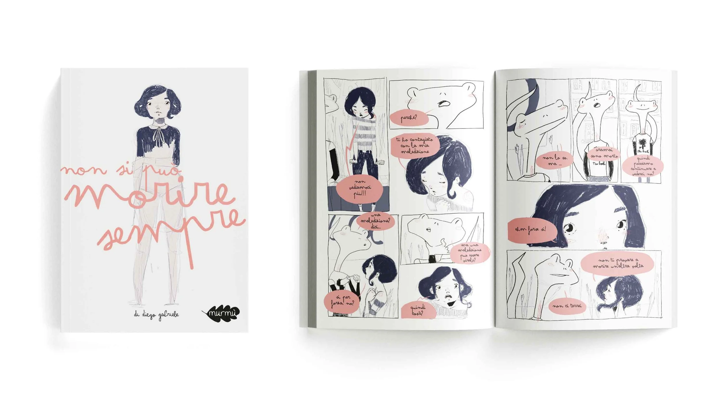 Open book with comic strip featuring a girl and anthropomorphic animals, sketches, and speech bubbles in Italian, beside a book cover with an illustration of a girl and handwritten text.