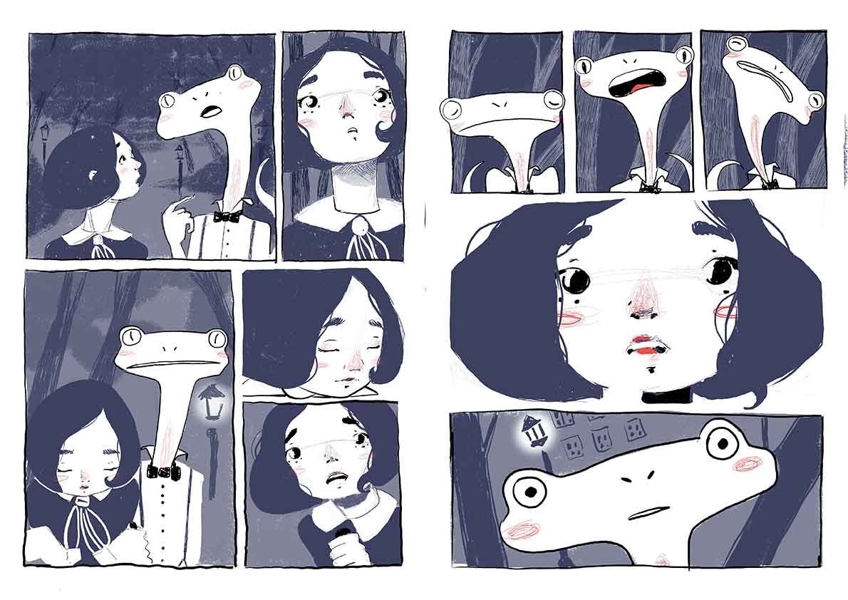 A comic strip featuring a girl and several frogs with different facial expressions.