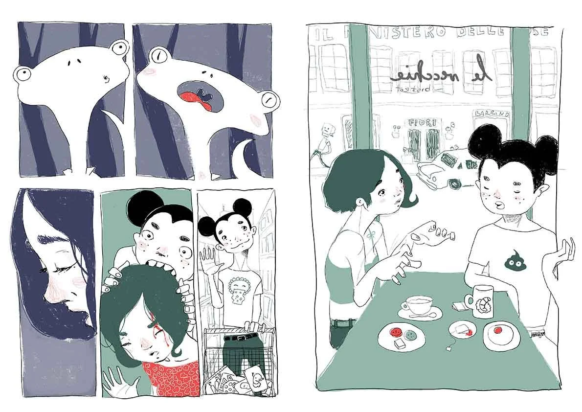 Two girls are sitting at a table eating breakfast, inside a cafe with a view of the street outside. One girl has short hair, the other has two buns. There are plates with food, a cup, and a mug on the table. The street outside shows a few pedestrians