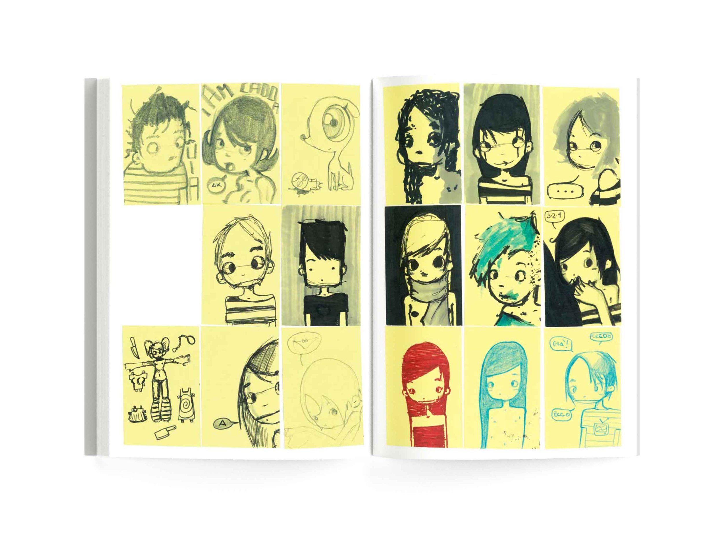 A sketchbook opened to two pages filled with hand-drawn illustrations of girls and characters, some in black ink and others with colored accents, on yellow sticky notes.