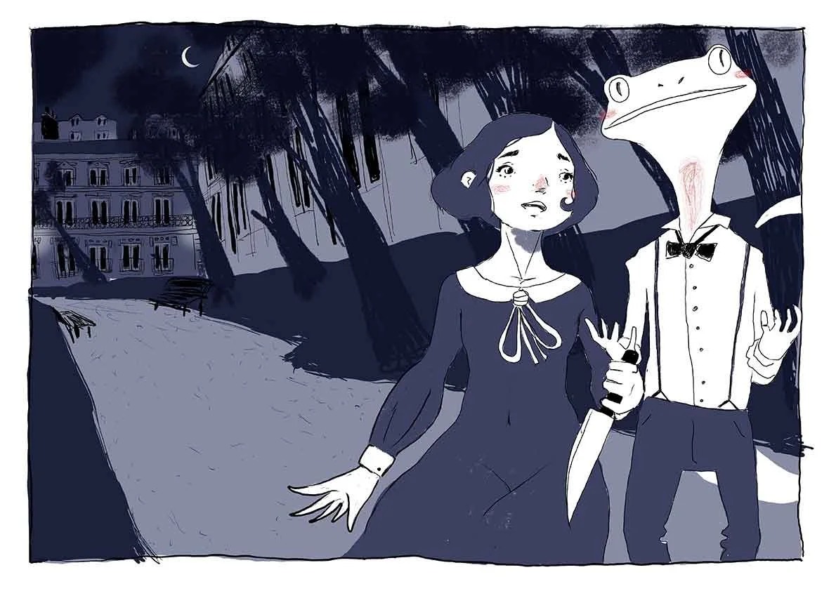 A girl and a person with a frog head in a dark, wooded park at night, with a crescent moon in the sky. The girl appears surprised or concerned.