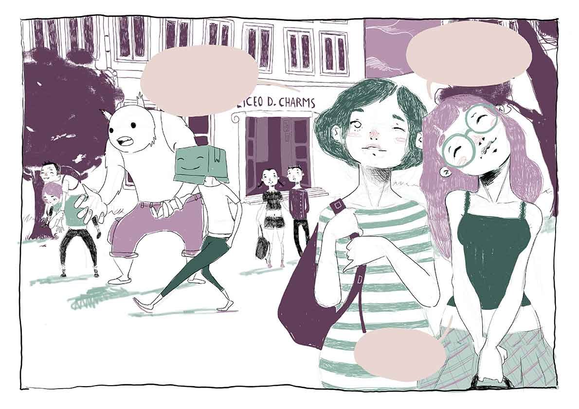 A colorful illustration of several people and characters in a park in front of a building with the sign "Ceo D. Charms." The scene includes a girl with purple hair and glasses, two other girls, a person with a box-shaped head, and a large, white crea