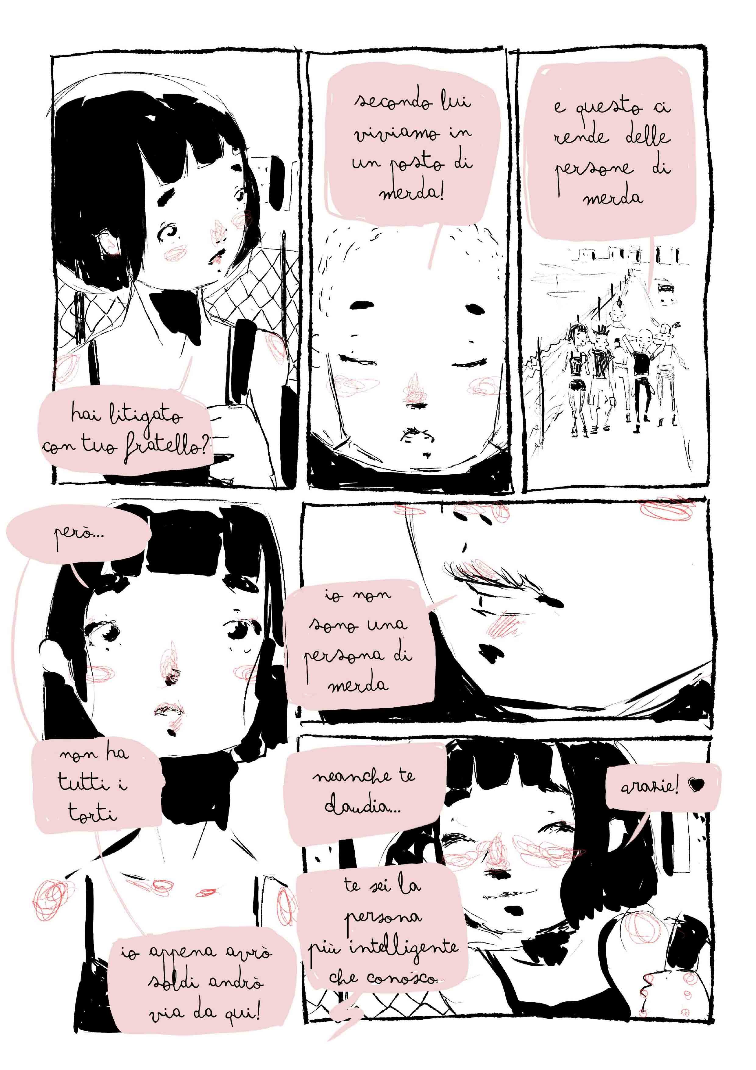 A black and white comic strip with pink speech bubbles featuring Italian text. The comic depicts two young girls having a conversation about their relationship, with one girl questioning if the other has fought with her brother, and both discussing t