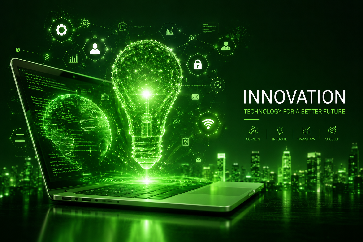 A laptop with a glowing green digital light bulb emerging from its screen, surrounded by technology icons, against a city skyline at night. The image emphasizes innovation, technology, and connectivity.