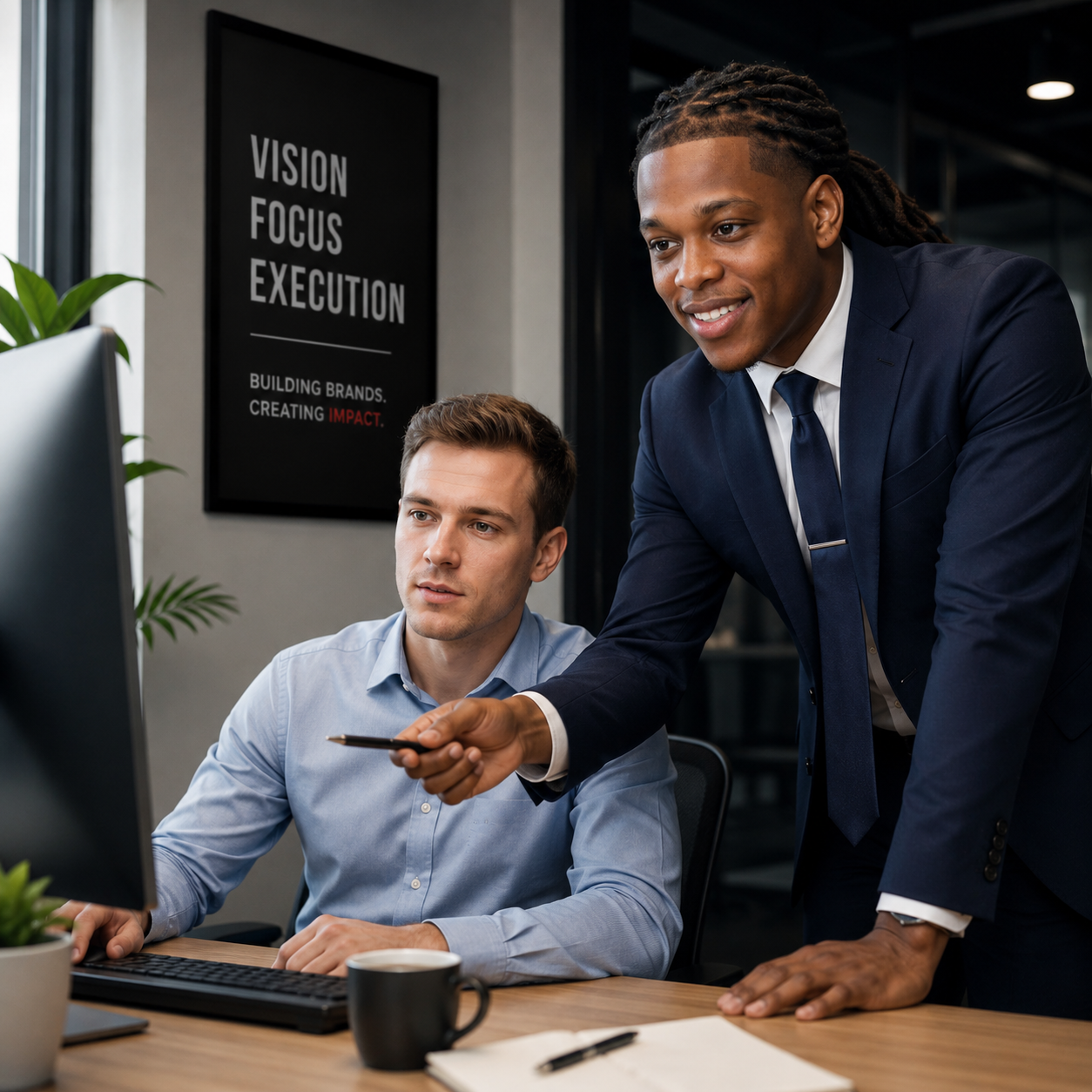 Two men in business attire working together in an office, one standing and pointing at a computer screen, the other sitting and focused on the monitor, with a motivational poster on the wall.
