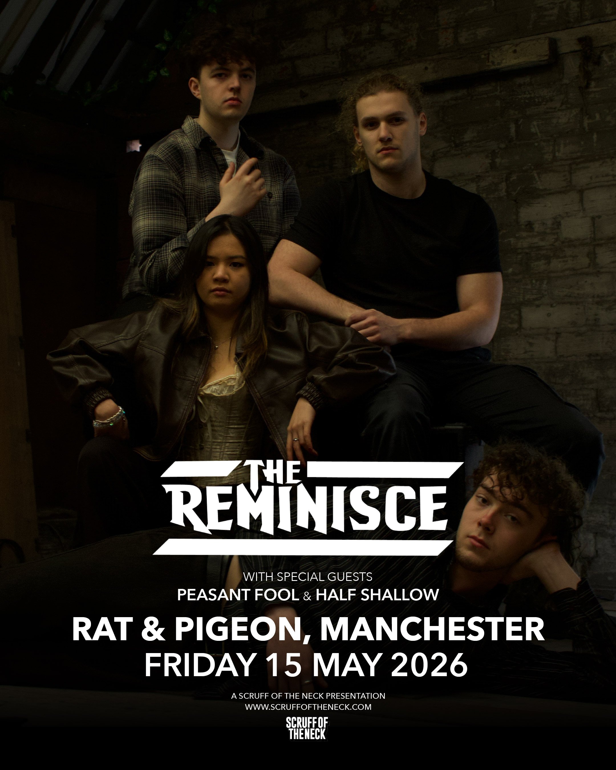 Poster for The Reminscé, a musical event with special guests Peasant Fool & Half Shallow, featuring Rat & Pigeon from Manchester on Friday, May 15, 2026, presented by Scruff of the Neck.