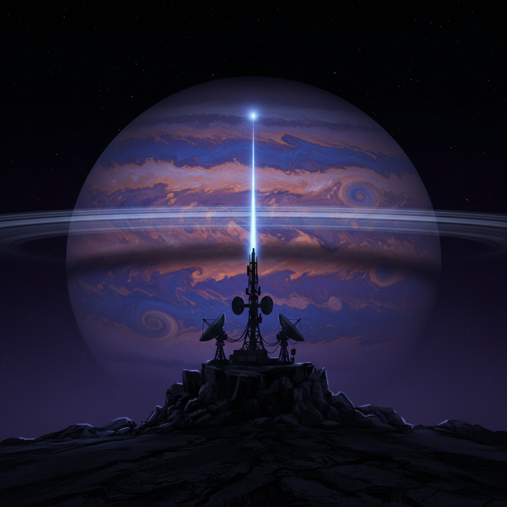 A space-themed illustration showing a radio tower with satellite dishes on top, emitting a bright beam of light that extends to a planet with rings and swirling clouds, set against a starry background.