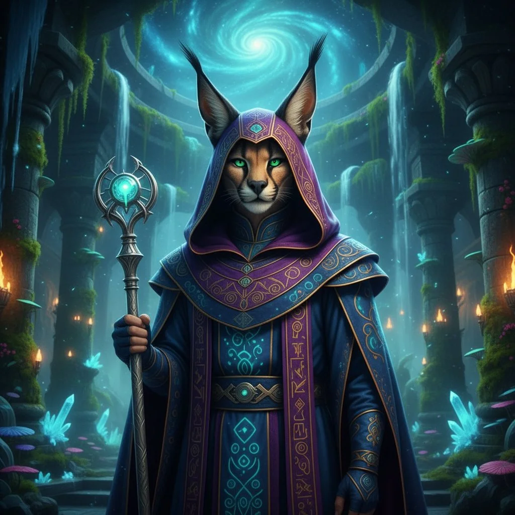 An anthropomorphic feline dressed as a mage, wearing a purple and blue robe with gold patterns and a hood, holding a staff with a glowing blue orb, standing in a mystical forest with waterfalls, glowing mushrooms, and a swirling starry sky overhead.