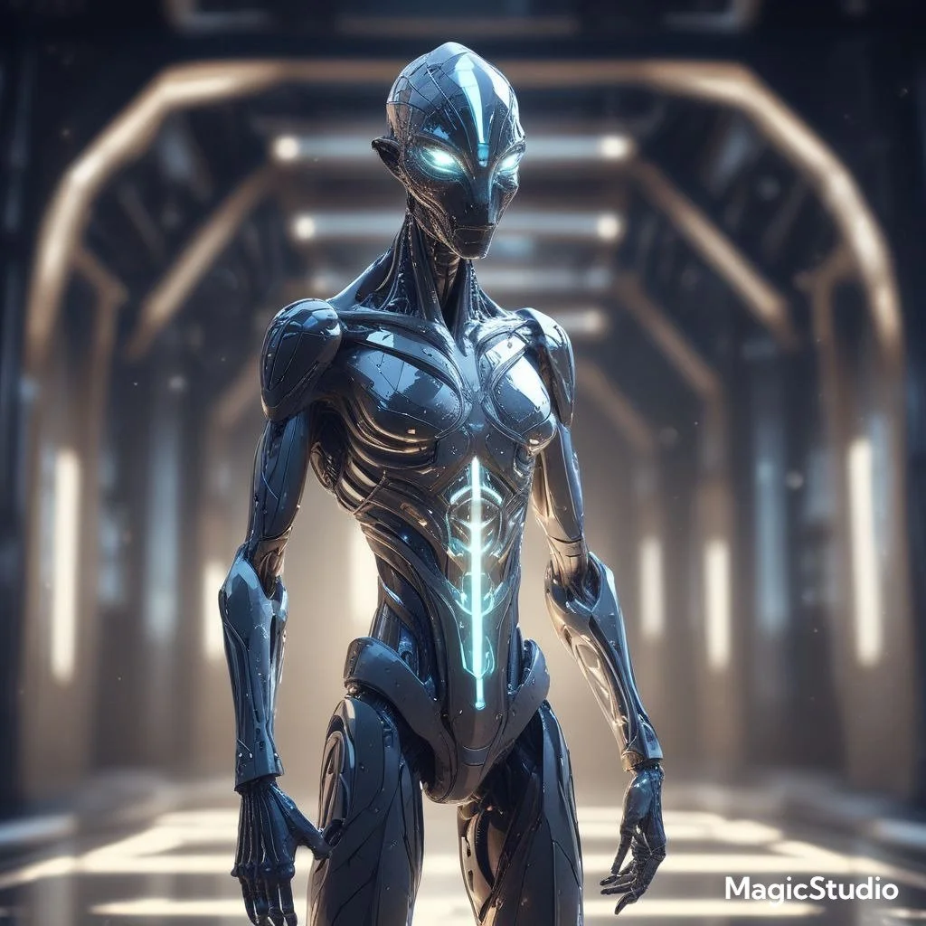 A sleek, futuristic humanoid robot with glowing eyes standing in a high-tech corridor.