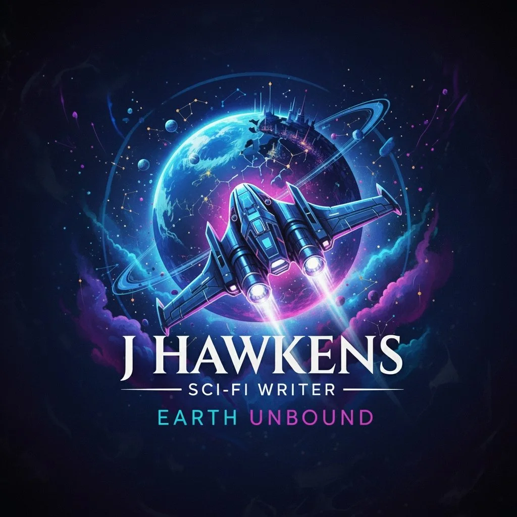 Futuristic digital artwork of a spaceship flying above Earth with glowing lights, planets, and nebulae in space, with text 'J Hawkens Sci-Fi Writer Earth Unbound'.