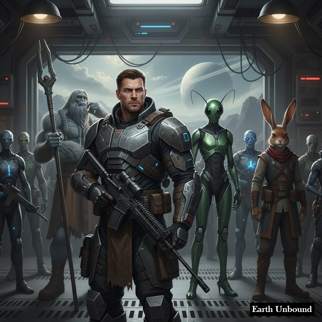 Futuristic scene from a sci-fi video game or movie featuring armed human soldier and anthropomorphic alien and animal characters inside a spaceship or space station with planets and stars visible through the window.