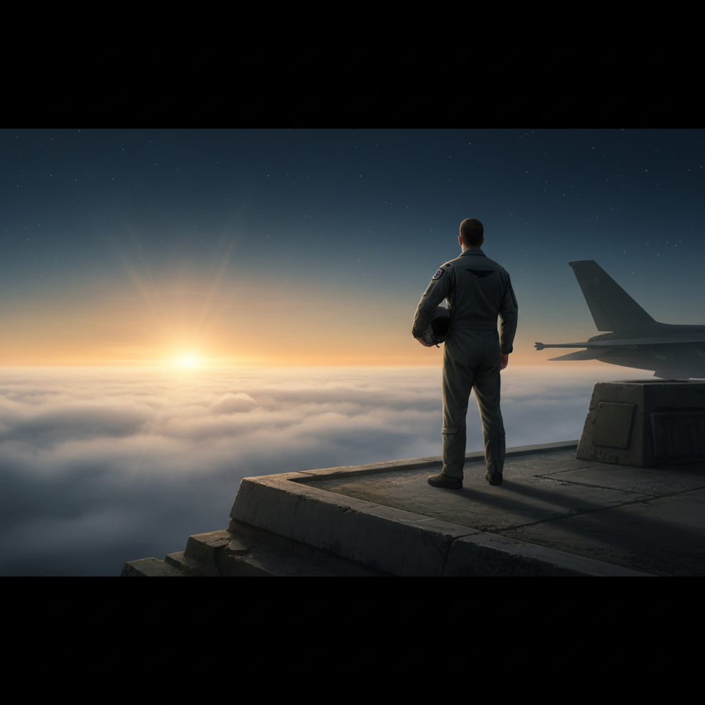 A male pilot standing on the edge of an aircraft carrier deck at sunrise, looking at the sky with stars visible, holding a helmet under his arm, with a fighter jet nearby.