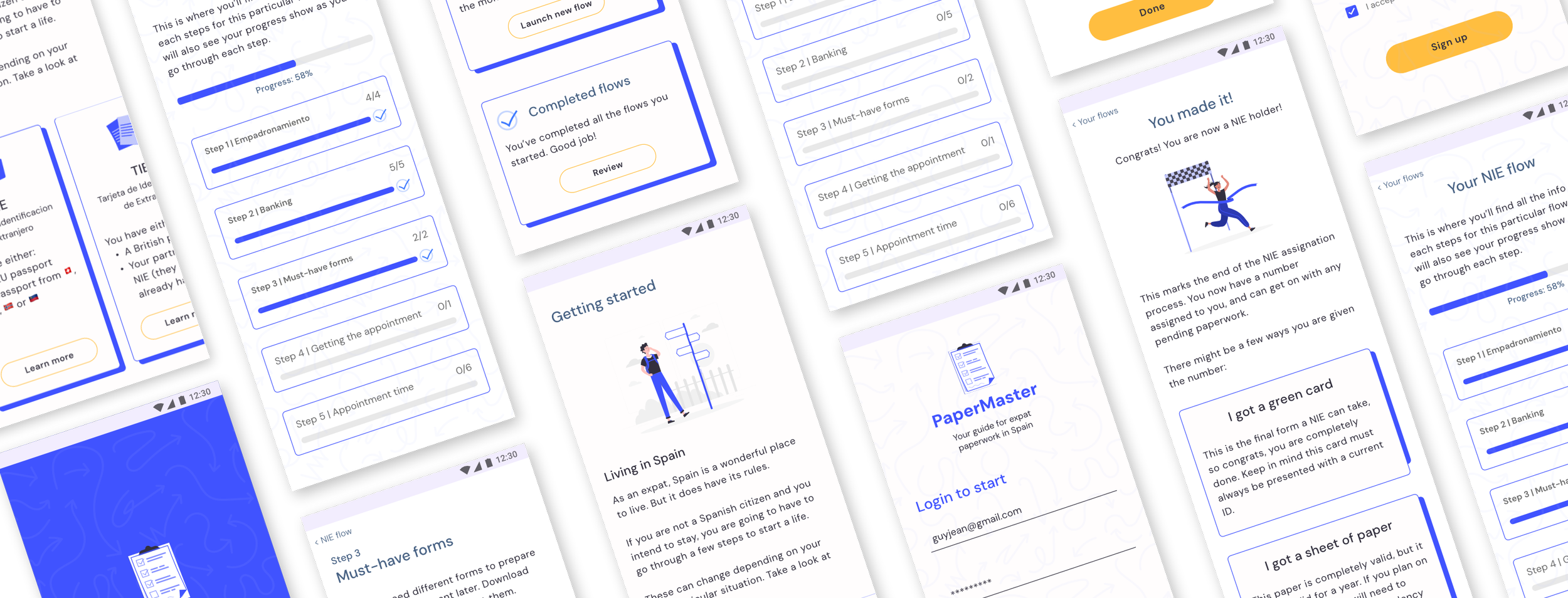 Multiple mobile phone screens displaying an app with progress bars, checkmarks, step-by-step guides, and completion notifications.