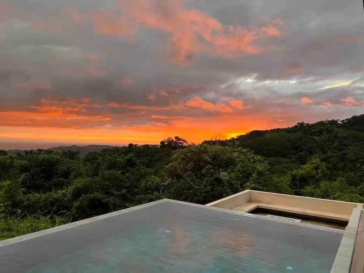 Sunset view over a lush green forest from a rooftop pool with a white ledge.