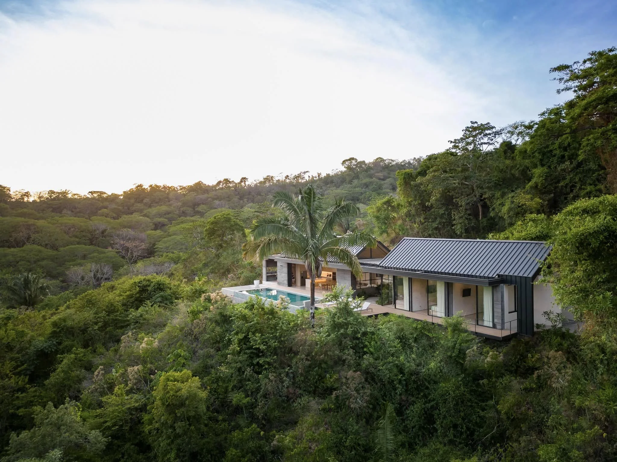 A modern house with a metal roof, large glass windows, and a swimming pool, situated among dense green trees on a hillside during daylight.