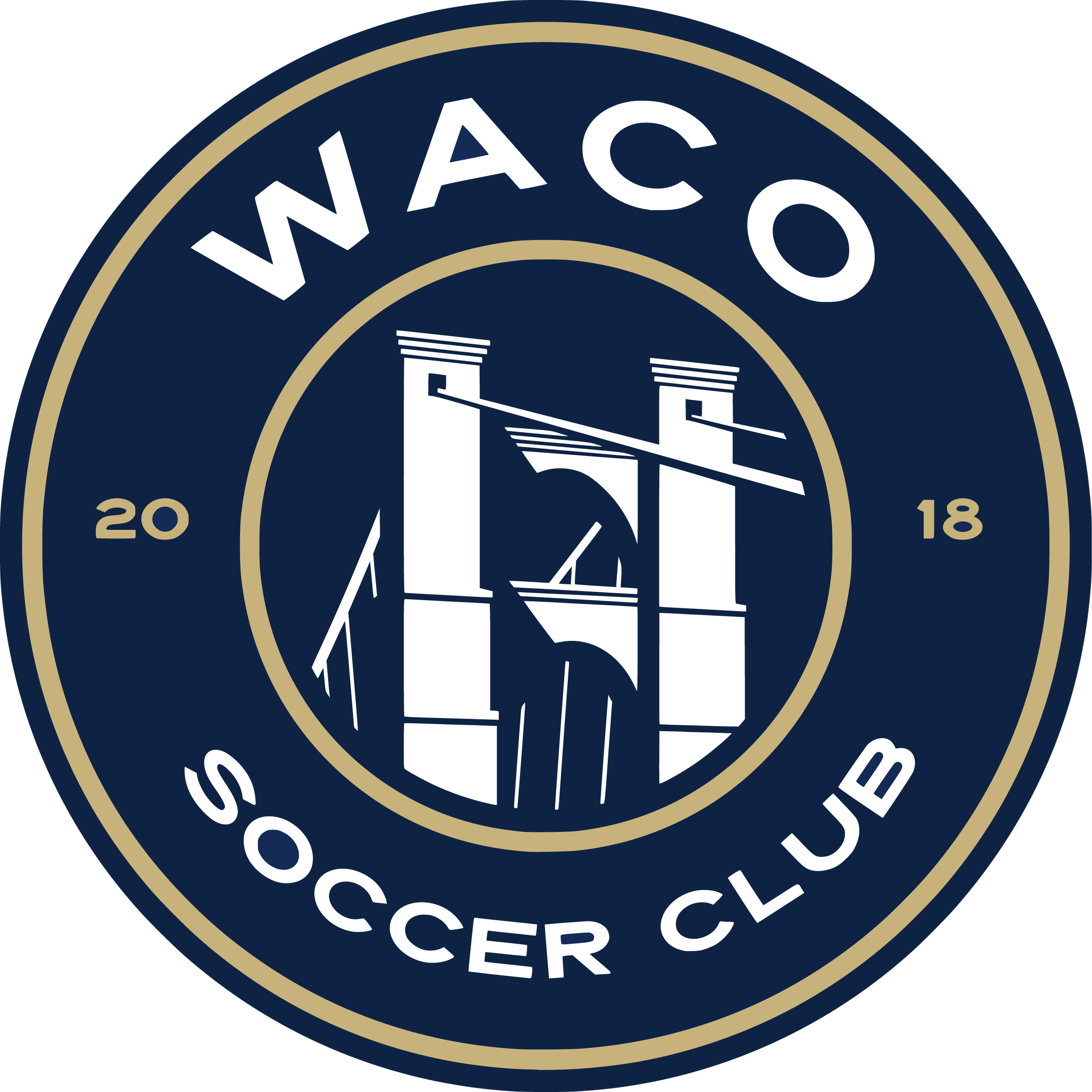 Close-up of a circular badge with the words 'WACO' and 'SOCCER CLUB and numbers '2018', featuring a Waco Suspension Bridge illustration in the center.