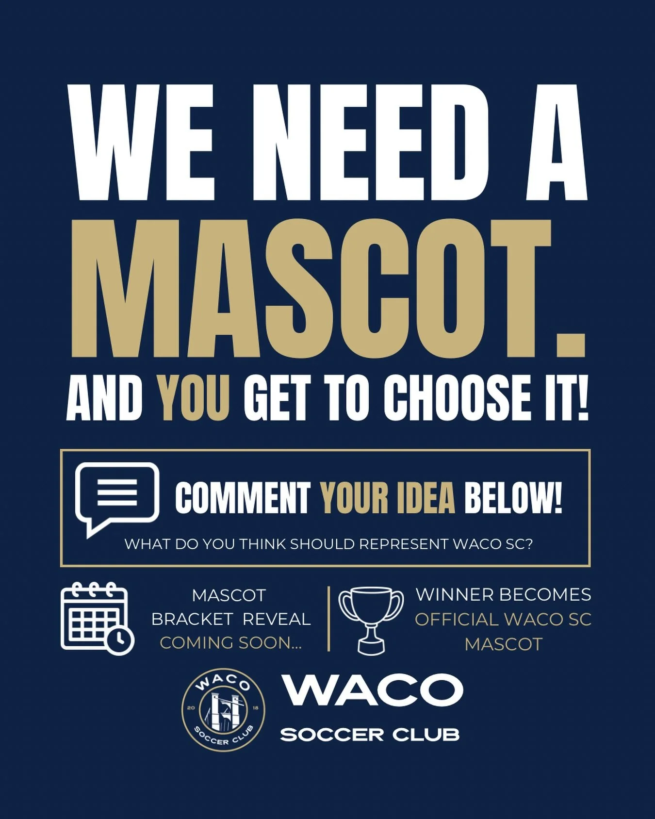 Waco SC needs a mascot. And we&rsquo;re letting YOU decide. 🔵⚽
Drop your idea in the comments below, the best suggestions will make it into our official Mascot Bracket where Waco votes on the winner. The mascot with the most votes becomes the OFFICI