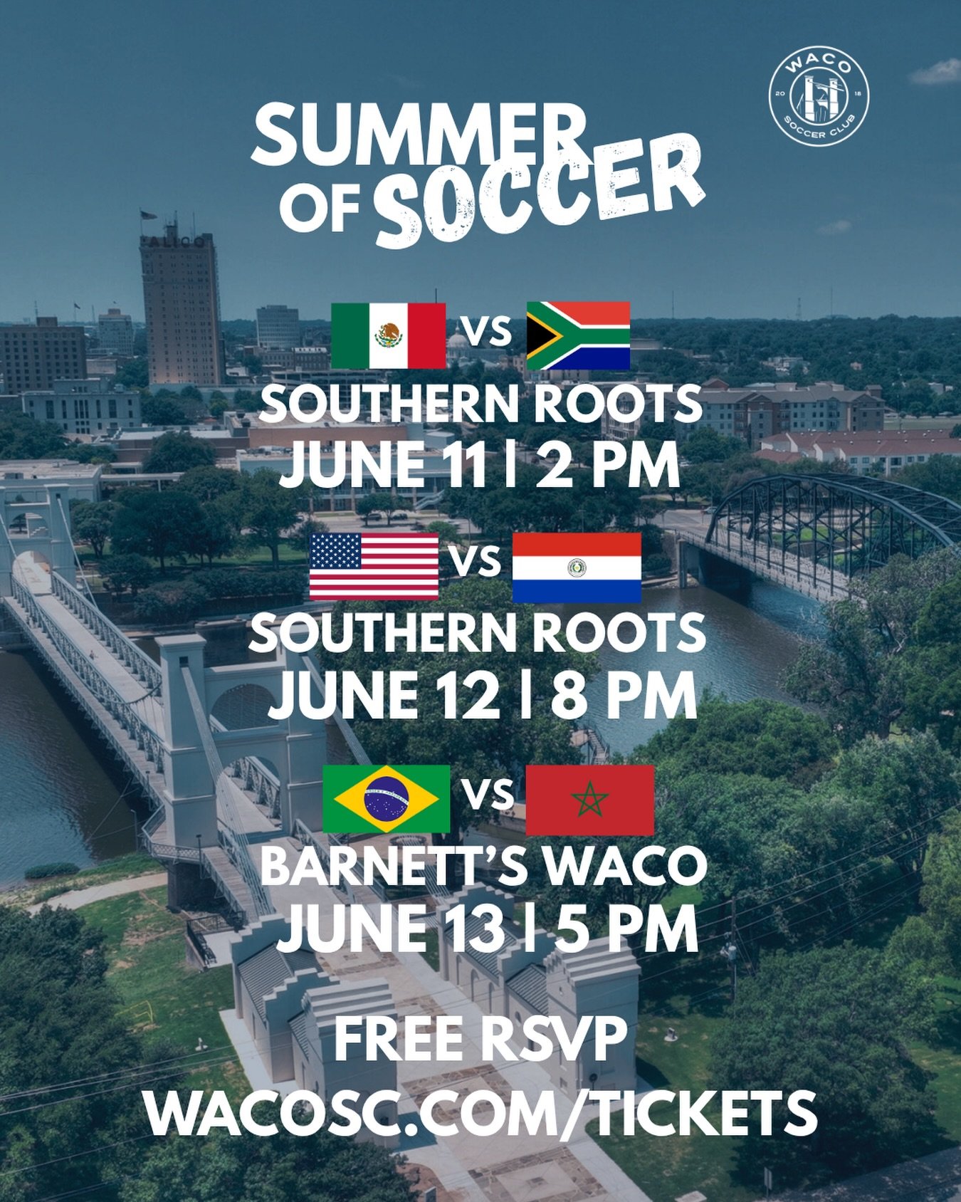Only 1 day left before the World Cup is finally here!! 

This week the Summer of Soccer continues with 3 watch parties! Join us for a great soccer matches and a great time! 

RSVP for free! Wacosc.com/tickets 🔗 Link and Bio!