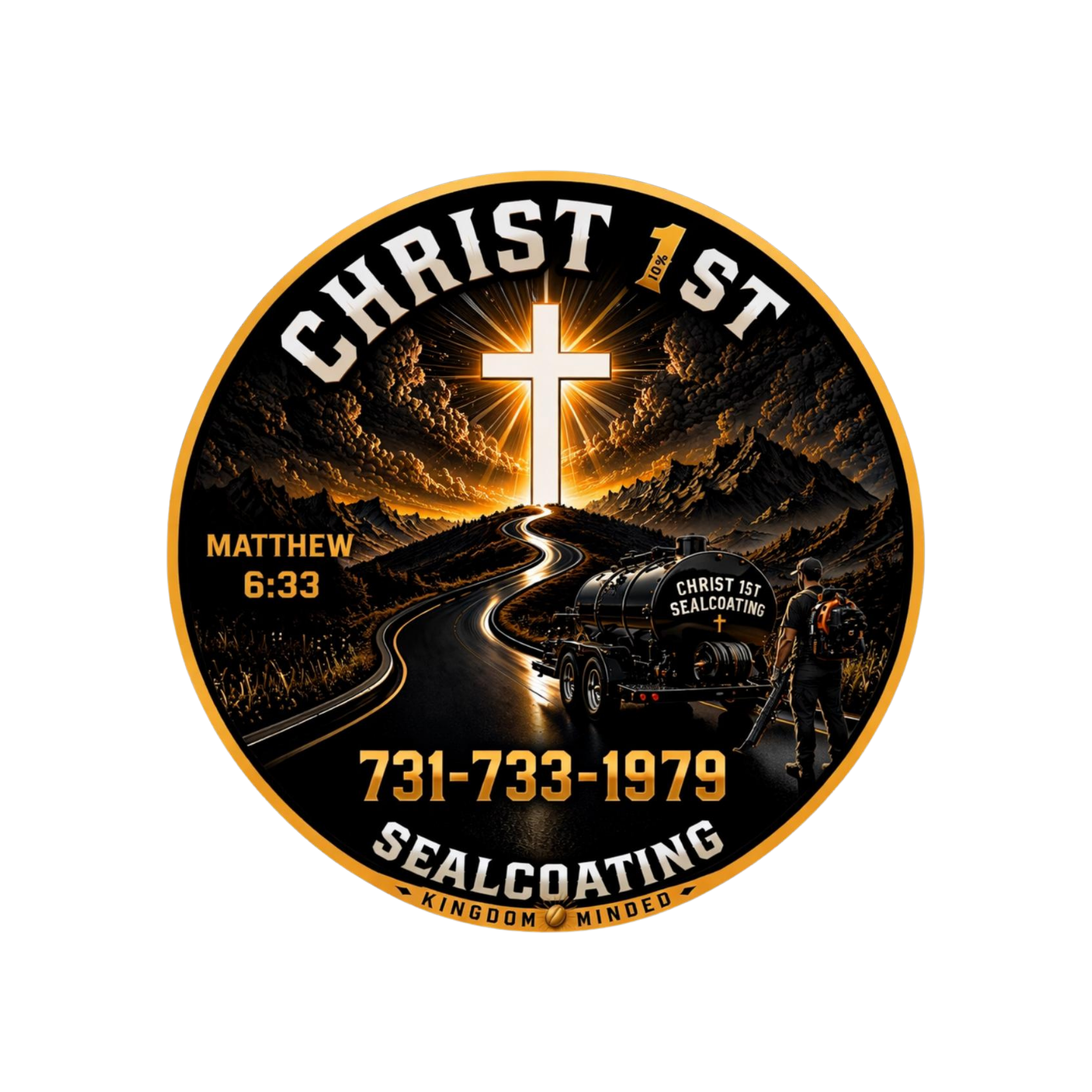 A circular logo for Christ Sealcoating and Asphalt, featuring a mountain landscape with a sunrise or sunset behind a cross in the center. The logo includes a phone number, a quote about sealing and sealing, and the phrase 'Kingdom Minded' at the bottom.