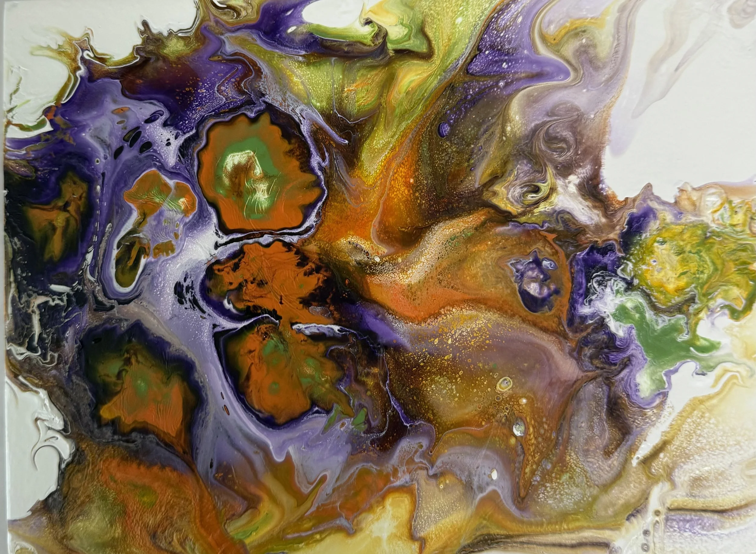 Abstract painting with swirling vibrant colors including purple, orange, green, black, and white.