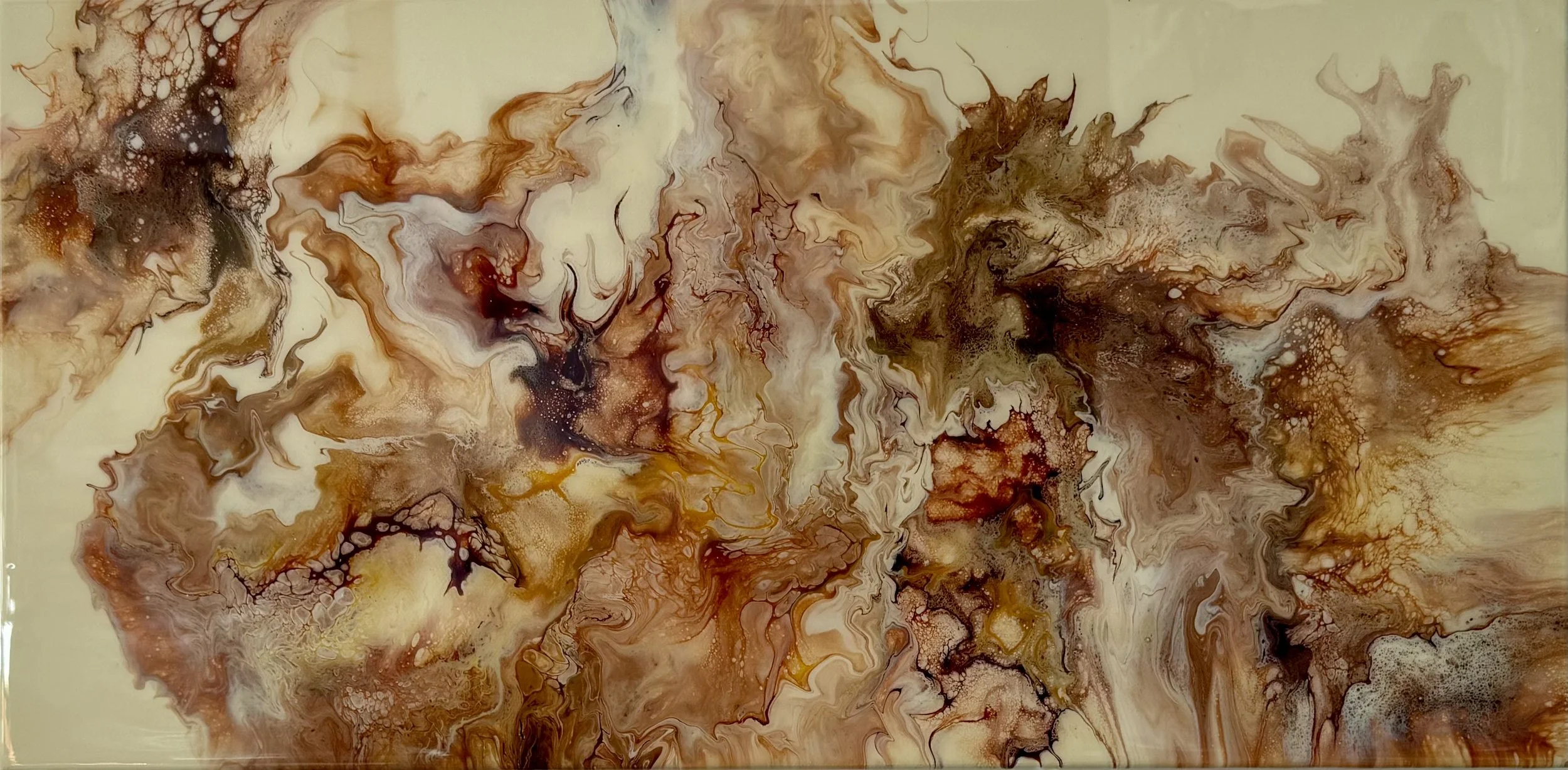 Abstract painting with swirls and splashes of brown, beige, and white colors.