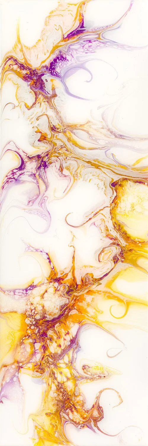Abstract art with swirling yellow, purple, and white colors.