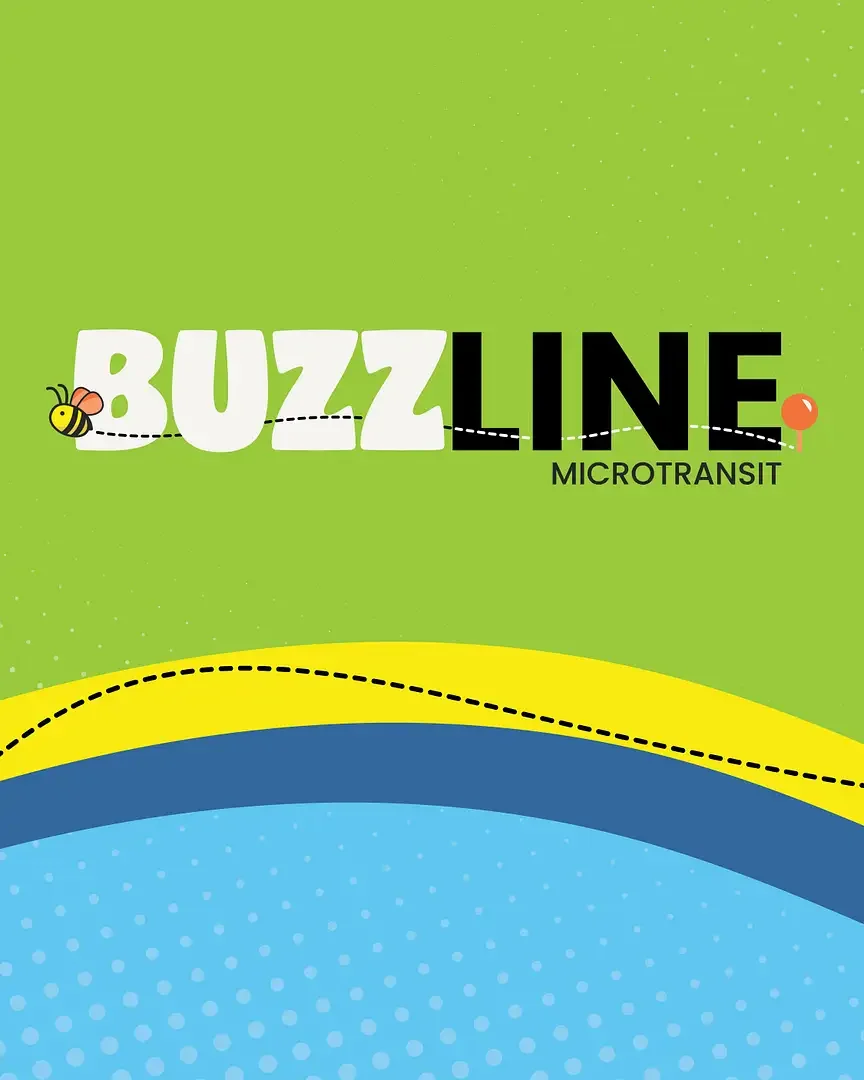 Bright green background with the word BUZZLINE in large white and black letters, a small bee flying near the 'B', and a red lollipop near the 'E'. The word MICROTRANSIT is written below in smaller black letters, with colorful curved lines in yellow, 