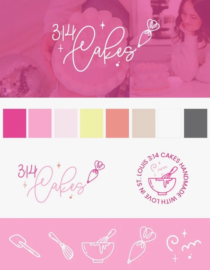 Design for a baking-themed logo featuring the text '3:14 Cakes' in a cursive font and a small cake icon with a bow. The color palette includes shades of pink, white, yellow, peach, beige, gray, and black. Additional design elements include cake utens