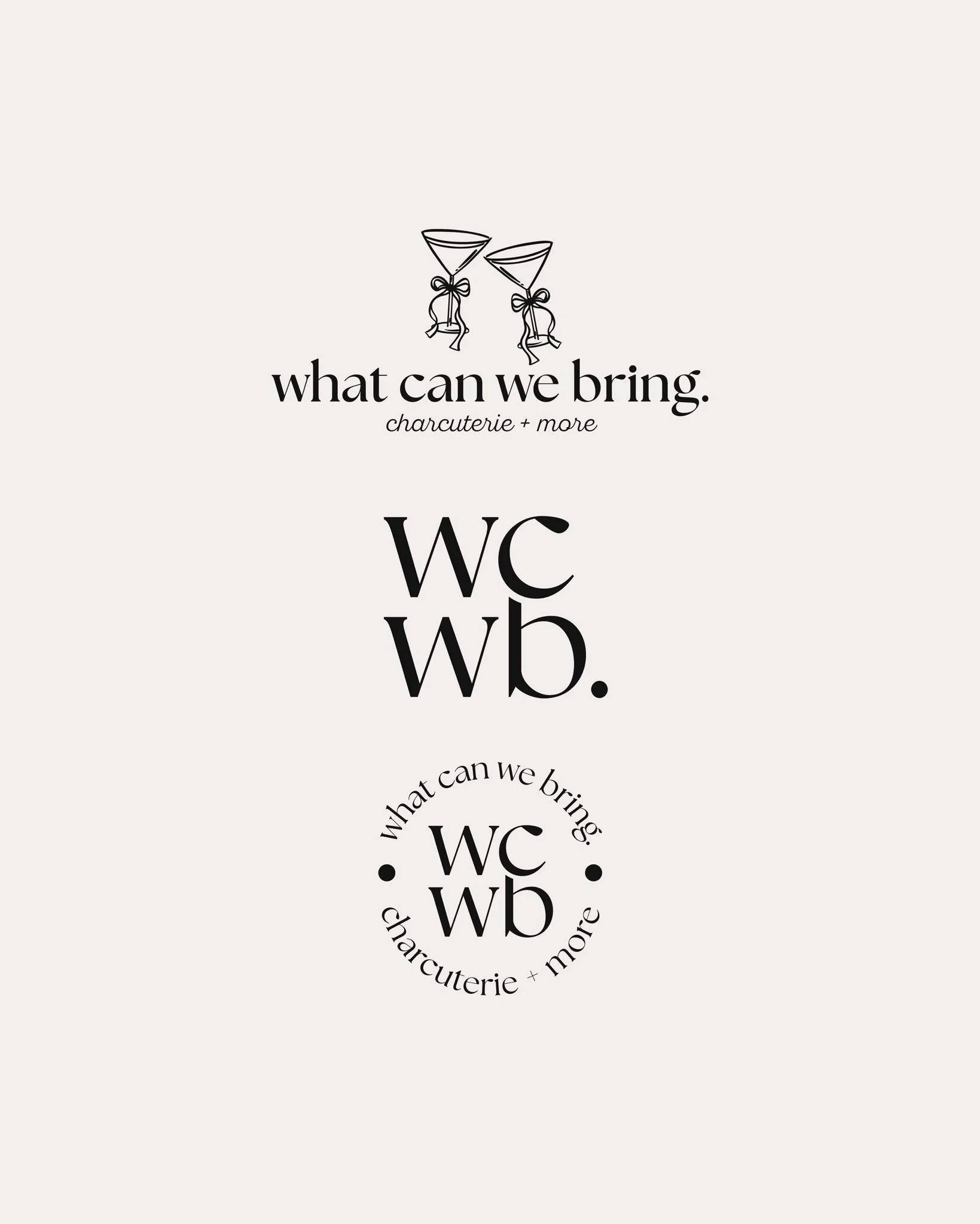 Black and white logo with two martini glasses tied with ribbons and the text 'what can we bring. charcuterie + more' beneath.