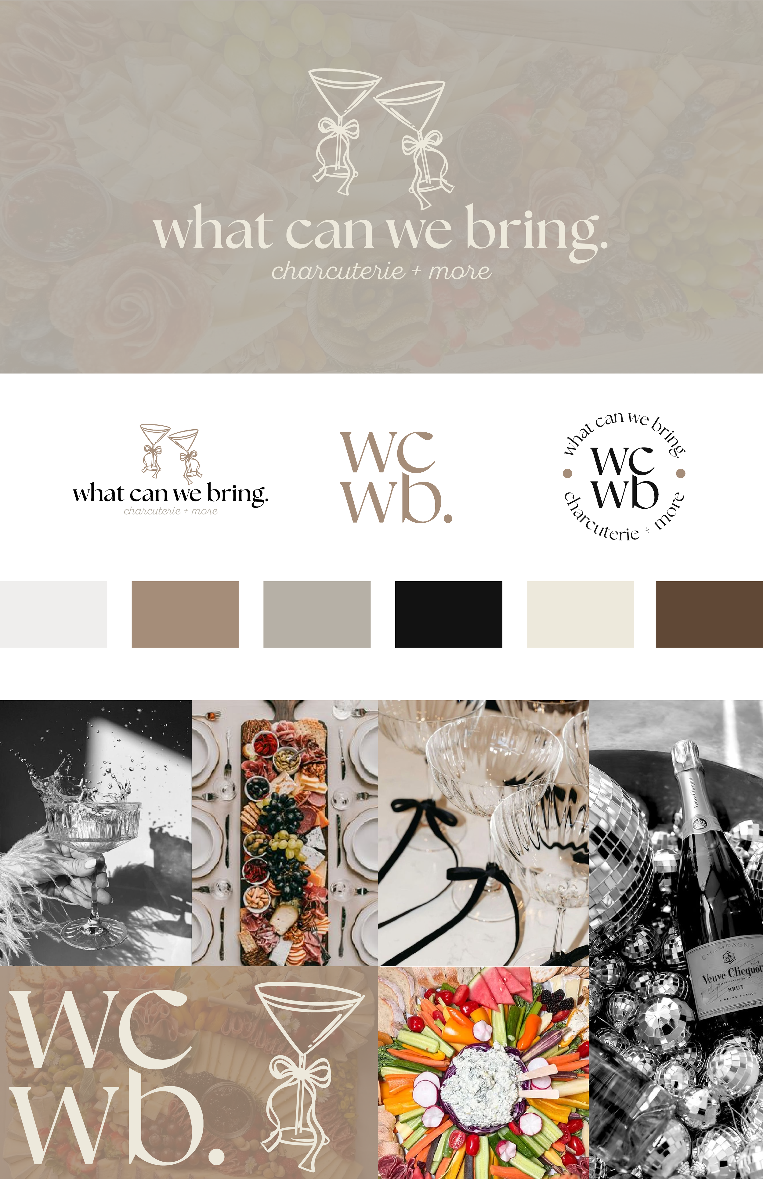 Image collage featuring celebration and party items including wine glasses with ribbons, a tray of assorted foods, decorative glassware, a champagne bottle with balloons, and a vegetable platter, with branding and logo elements for a charcuterie and 