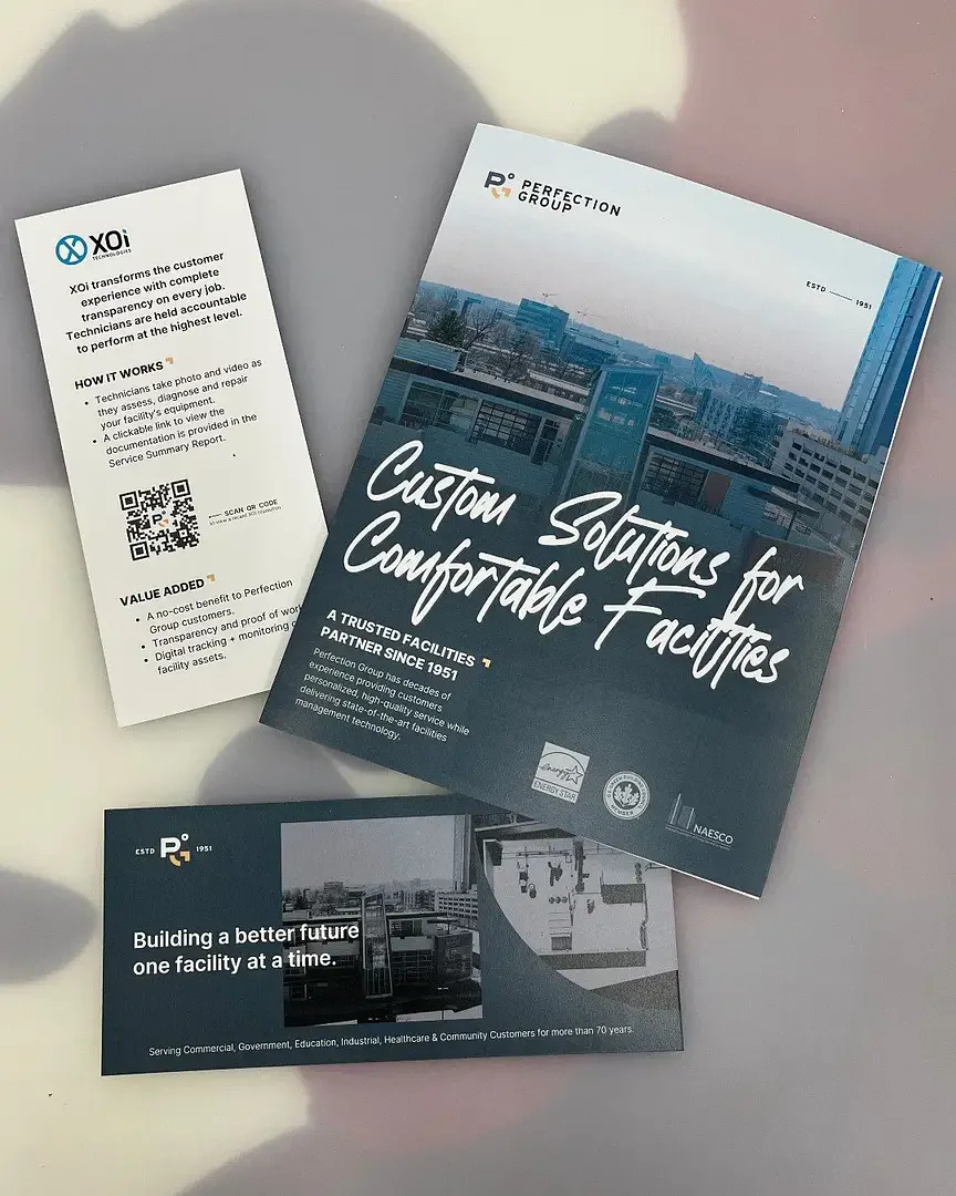 Brochure and flyer for a company specializing in custom solutions for facilities, featuring images of buildings and text about building better facilities.
