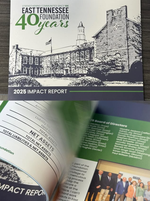 Cover of the East Tennessee Foundation 2025 Impact Report, celebrating 40 years since 1986, featuring a black and white illustration of a historic building with a flagpole, and text highlighting the foundation's milestone.