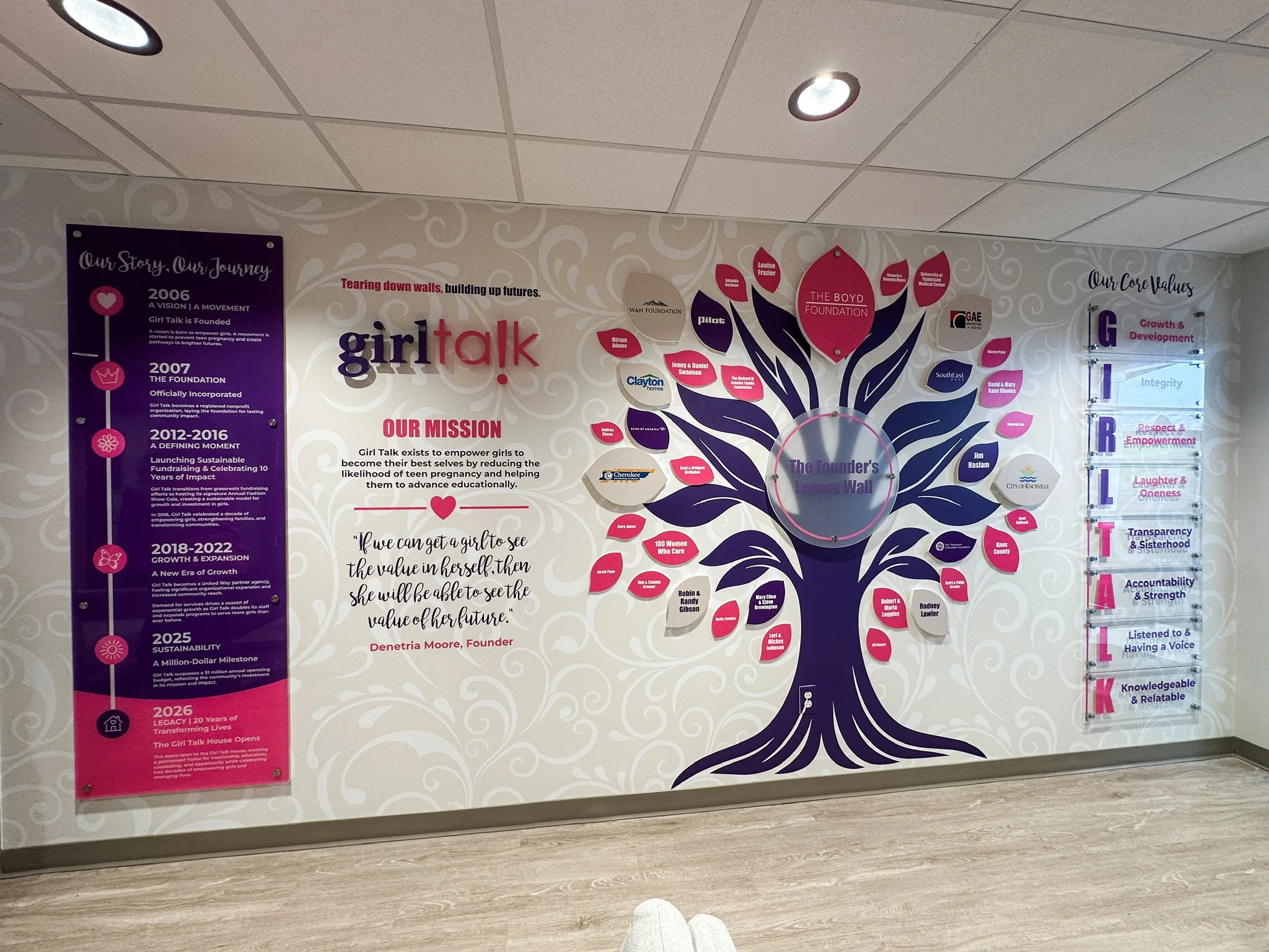 A wall mural displaying the story, mission, values, and legacy of Girl Talk, a nonprofit organization empowering girls. Contains a timeline of milestones from 2006 to 2026, a large colorful tree with names and logos, and a quote about recognizing the