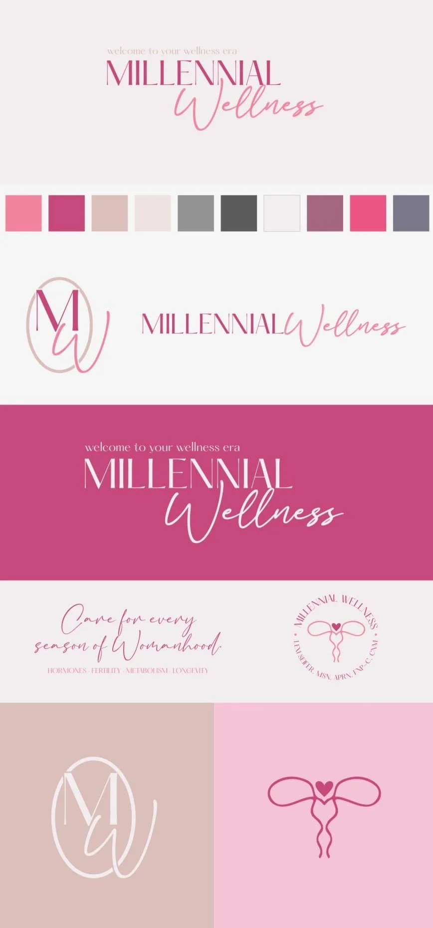 A collage of wellness brand logos and designs for 'Millennial Wellness,' featuring various pink, white, gray, and beige color themes, with text and symbols related to women's health.