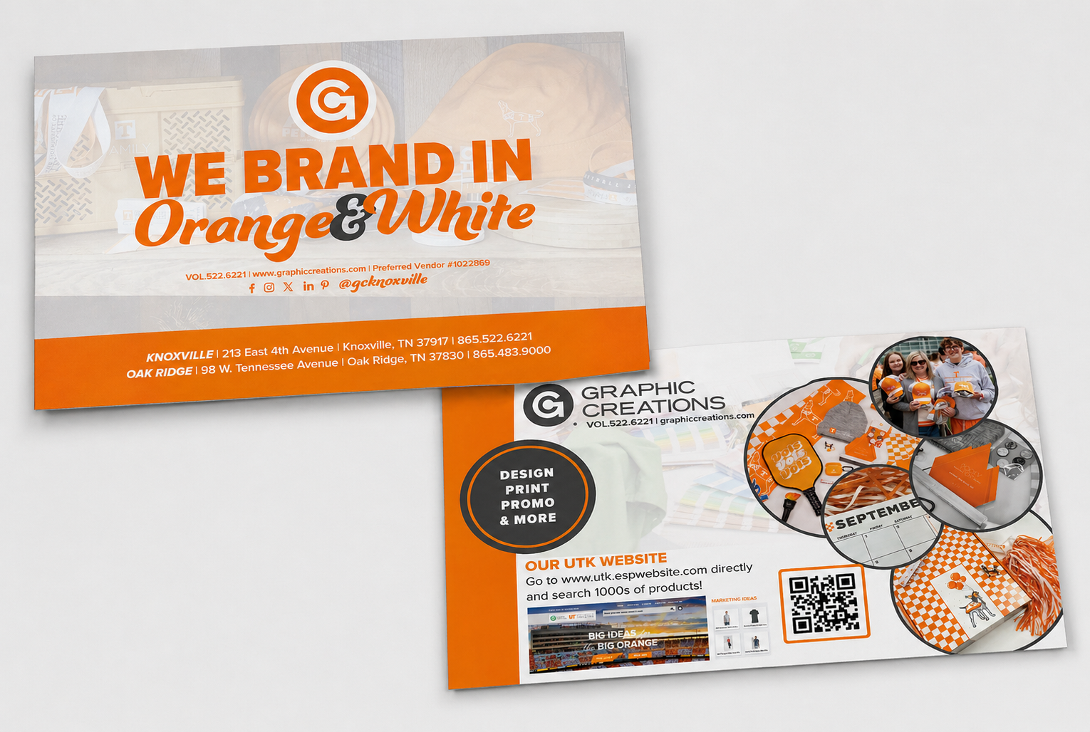 Promotional flyers for Graphic Creations featuring orange and white branding, with images of people holding branded items, products displayed, and contact information including website, social media handles, and QR code.