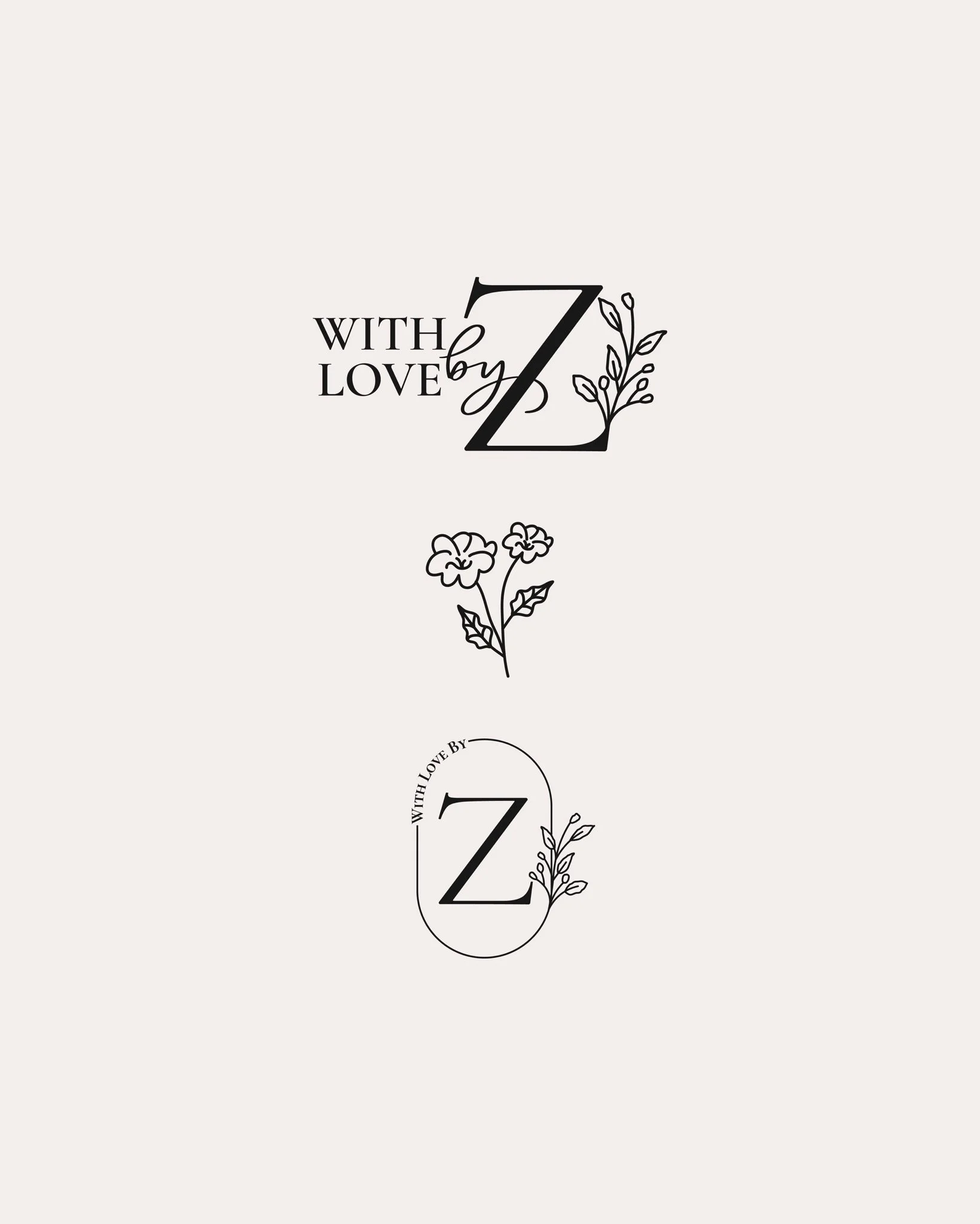 Decorative black and white graphic with the text 'With Love by Z' surrounded by floral illustrations on a light background.