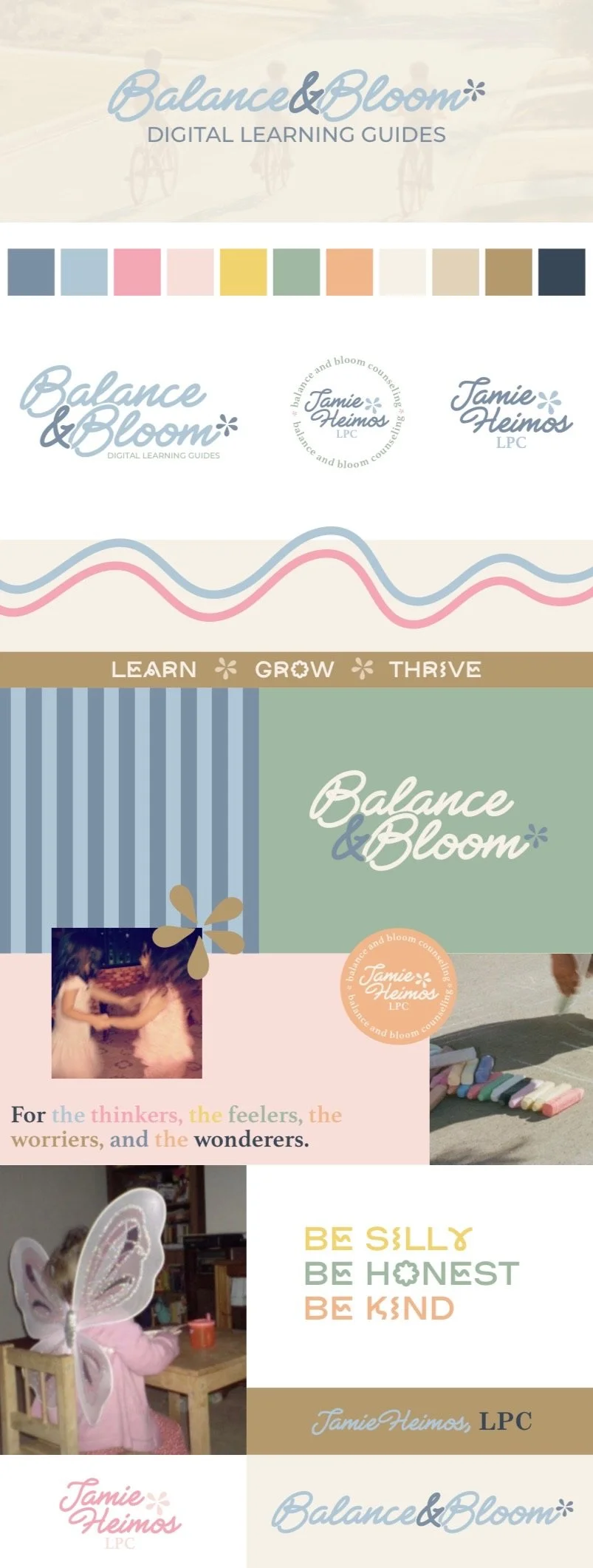 Design promoting Balance & Bloom digital learning guides by Jamie Heimos with colorful swatches, wavy lines, and photos of children with fairy wings and chalks, encouraging learning, growth, and kindness.