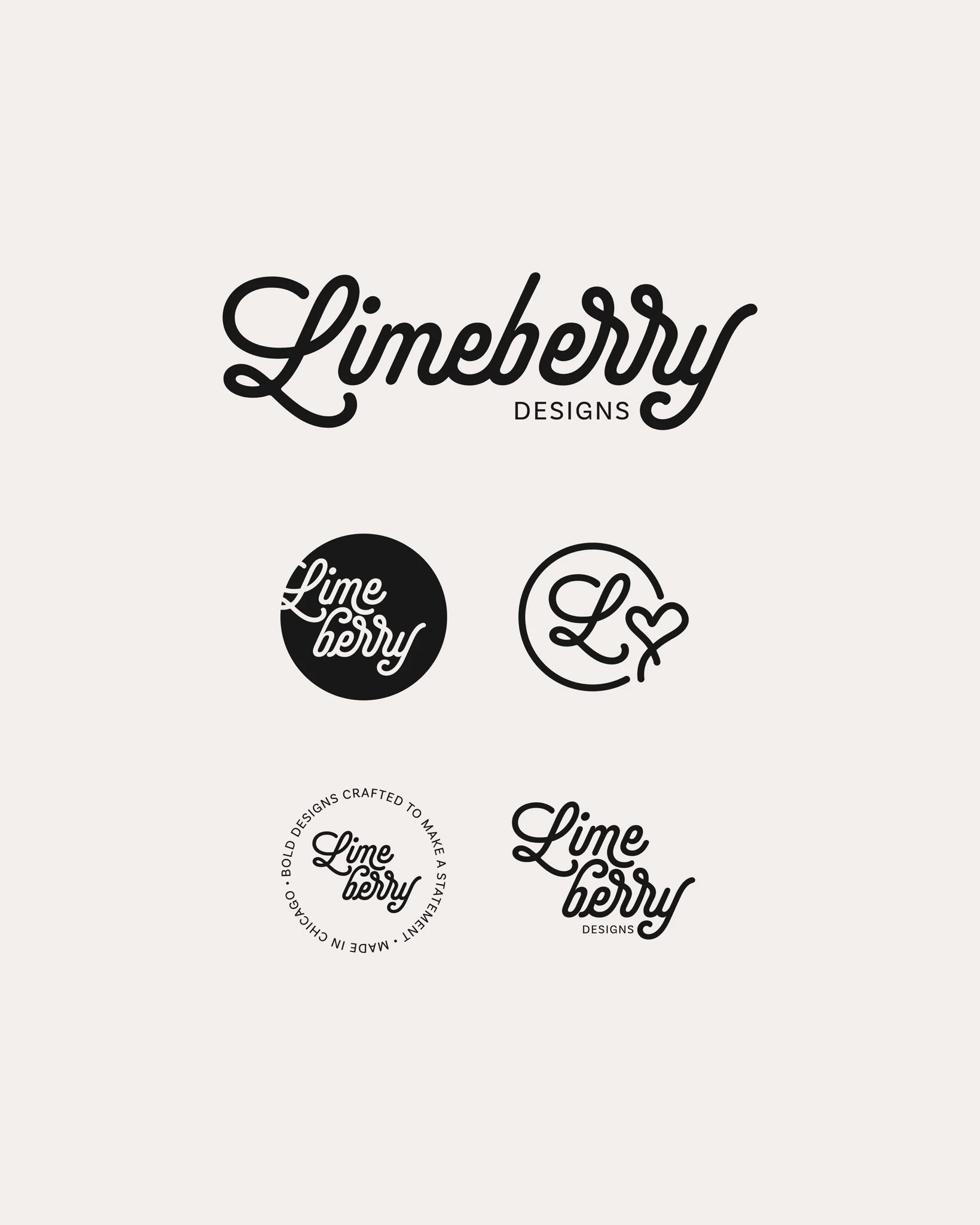 Multiple black and white circular logos with the text "Lime Berry" and decorative elements for Limeberry Designs.