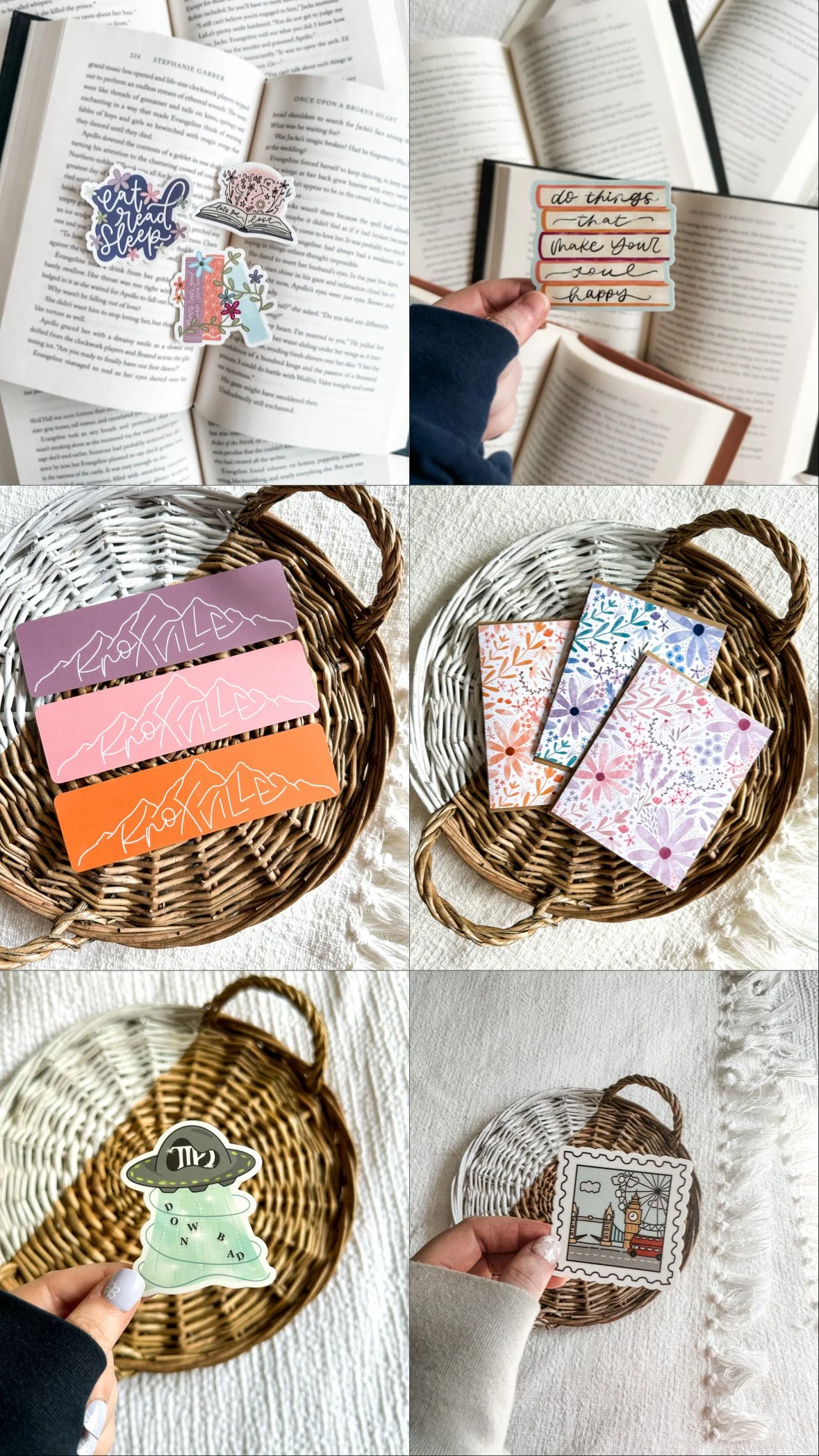 A collage of six images showing various stationery, books, and decorative items. The first image displays open books with colorful stickers that say 'Eat read sleep,' an open book with floral stickers, and a hand holding a small sign that reads 'do t