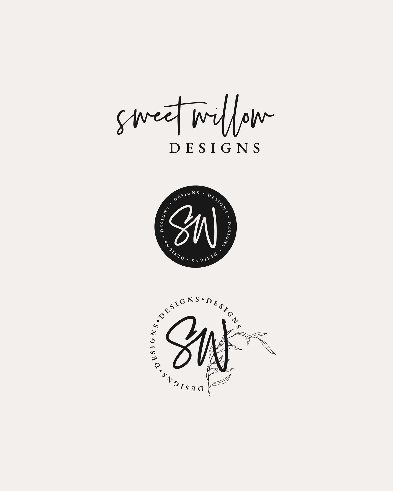A display of branding logos for Sweet Willow Designs, including a handwritten-style text logo and a circular logo with stylized initials and decorative leaves.