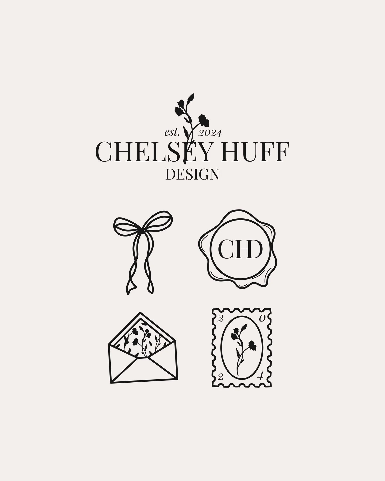 Black and white line drawings of various gift-wrapping items, including a bow, an envelope with a flower design, a postage stamp with a flower, and decorative seals, arranged on a light background.