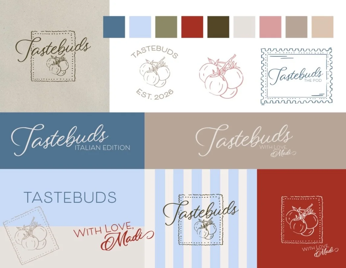 A colorful collage of Tastebuds branding logos and designs, featuring text such as 'Tastebuds Italian Edition' and 'With Love Made,' along with illustrations of tomatoes and decorative color swatches.