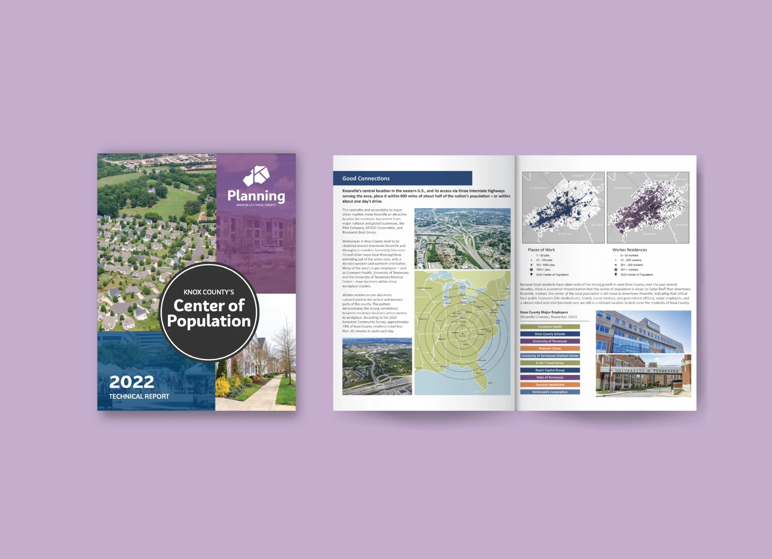A collection of planning and technical reports, including documents with maps, graphs, and text related to Knoxville, Knox County.