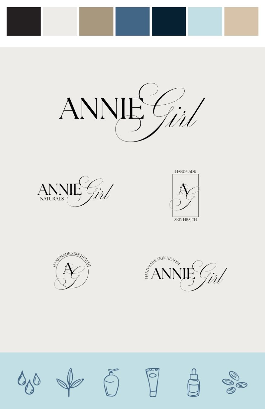 A design sheet featuring the brand name 'Annie Girl' in elegant black cursive and serif fonts, with logos and labels for a natural skincare product line, along with a color palette at the top and skincare icons at the bottom.
