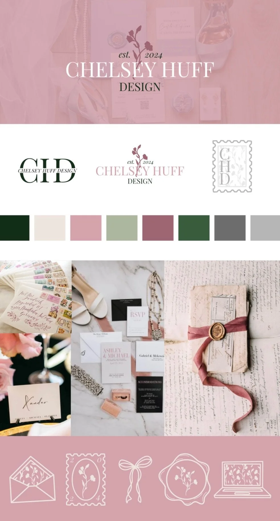 Collage featuring a branding design for Chelsey Huff Design, including logos, color palette, wedding invitations, and gift packaging with pink, green, and neutral tones.