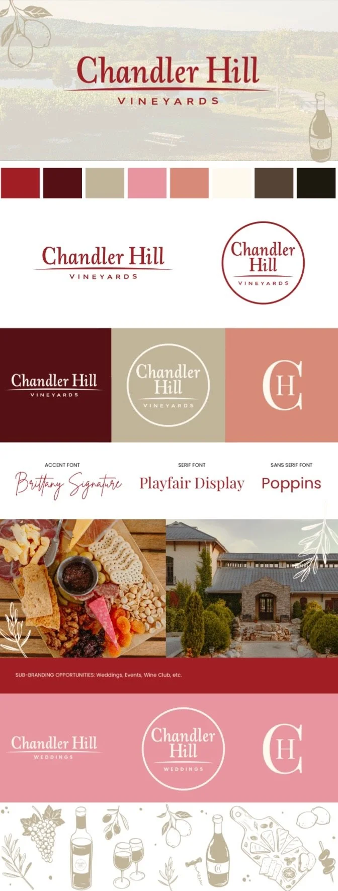 Branding board for Chandler Hill Vineyards featuring logos, font options, and images of cheese and wine at a house.